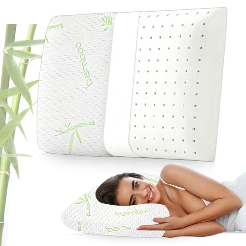 Image of AYKA Bamboo Memory Foam Pillow For Neck & Shoulder Pain | Neck Orthopedic Pillow For Sleeping, Pain Relief & Spinal Alignment | Ergonomic Design | 2 Years Warranty (Set of 1),White & Green