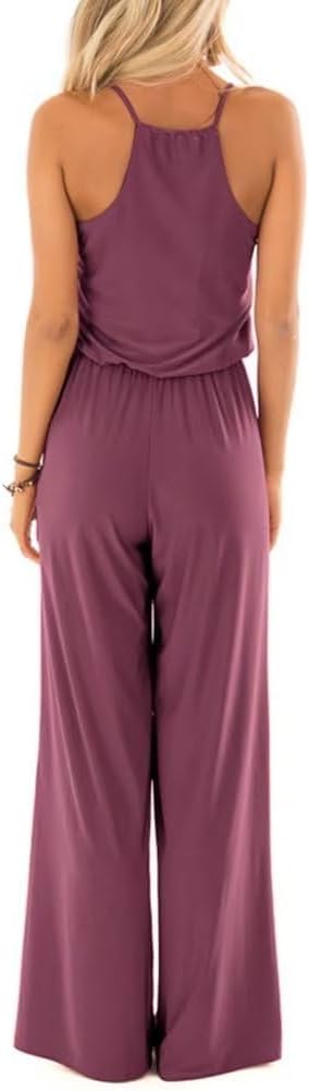 Lacozy Women Summer Casual Loose Sleeveless Tank Top Elastic Waist Loose Jumpsuit Rompers Purple Red XL