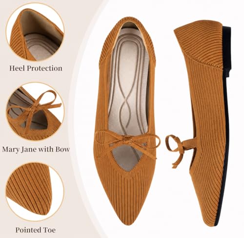 Image of TINGRISE Women's Pointed Toe Flats Comfortable Knit Ballet Shoes Washable Dressy with Bow Business Casual Work Shoes
