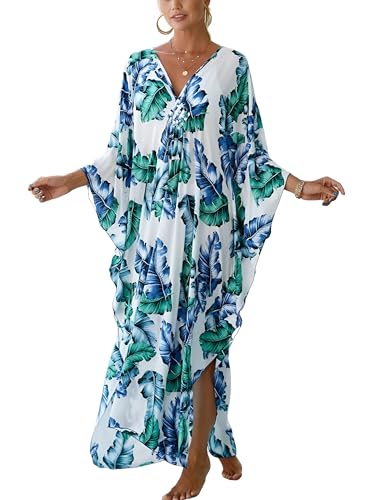Image of IMAGEKOPE Women's Plus Size Animal Print V-Neck Batwing Kaftan Beach Dress Bathing Suit Cover-Up Loungewear
