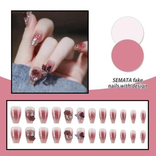 SEMATA Spring Red Acrylic Press on Nails Medium Long Square Nails Press ons Coffin Red Blush Glue on Fake Nail with 3D Flower Butterfly Designs Artificial Stick on False Nail for Women 24Pcs — view 4