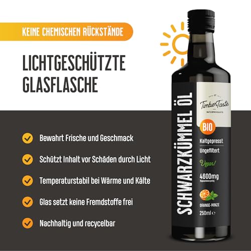 Black Seed Oil Schwarzkümmelöl mit Orange-Minze Geschmack (250ml) – Nigella Sativa Schwarzkümmel Öl ungefiltert, kaltgepresst & hohem Thymochinongehalt