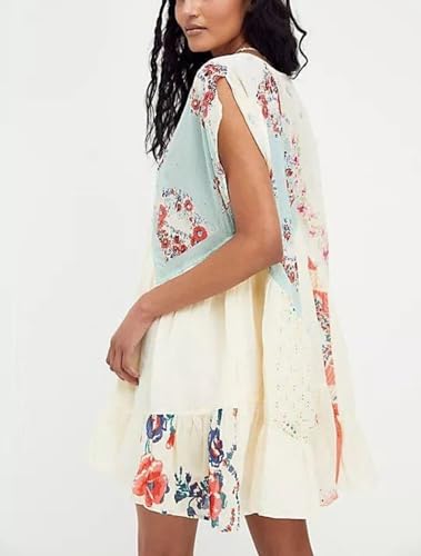 Image of Women Floral Mini Dress Y2k Deep V Neck Puff Sleeve Flowy Short Dress 2025 Summer Boho Beach Vacation Sundress (Apricot,M)