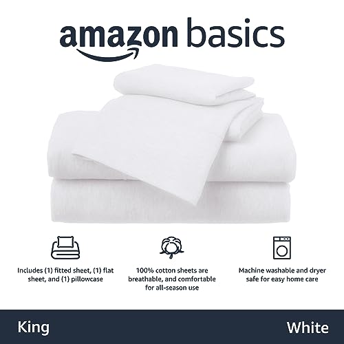 Image of Amazon Basics 4 Piece Bed Sheet Set,100% Cotton Jersey,Includes Super Soft,Flat and Fitted Sheets,Pillowcase,King,White,Solid,(Pack of 4)