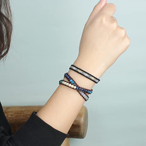 Image of KELITCH Natural Agate Onyx 2 Wrap Bracelets Handmade Leather Strand Bracelets Fashion Jewelry