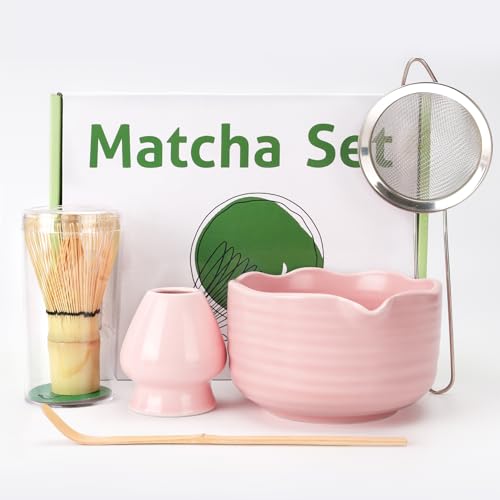 MestectPET 5 Stück Rosa Matcha Set mit Matcha Besen, Porzellan Matcha Schale und Besenhalte, Sieb und Löffel, Geschenk f...