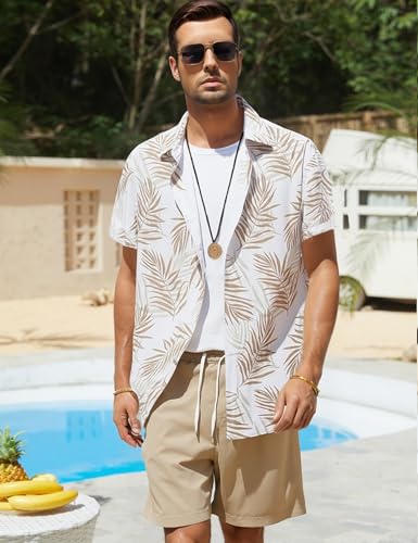 Image of Yimoon Men's Summer 2 Piece Outfits Tropical Print Short Sleeve Button Down Hawaiian Beach Shirt and Shorts Set