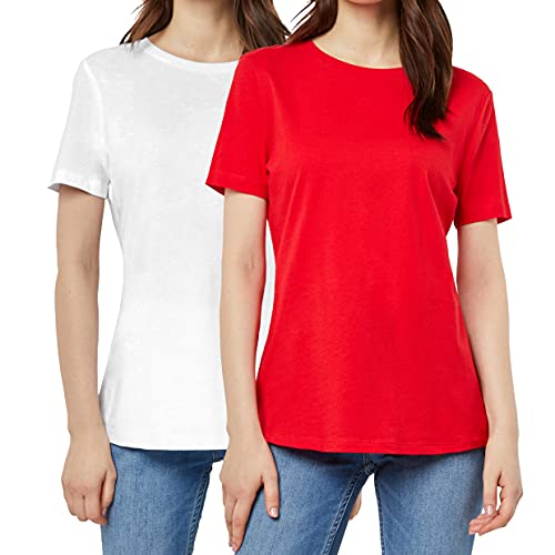 May You Be Women's 2-Pack Classic-Fit 100% Cotton Crewneck Short-SleeveT-Shirts (White/RED, Large)