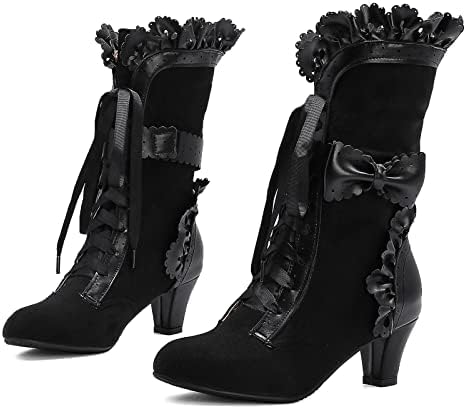 LanreyTaley Women Sweet Bow Boots Mid Heels Lace Up Moccasin Boot Mid Calf Lolita Slouch Boots Ruffle Boots Black Size 41 Asian