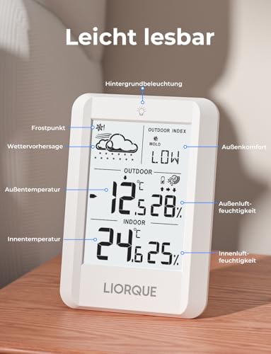 LIORQUE Wetterstation Funk mit Außensensor, Digital Thermometer Hygrometer Innen und Außen Funkwetterstation mit Wettervorhersage, Funkthermometer mit Batteriebetrieben Wetterstation, weiß