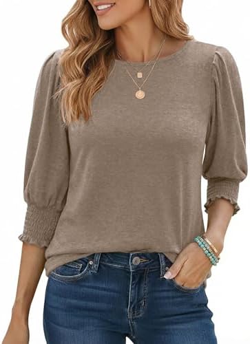 Aottori Tshirt Damen Rundhals 3/4 Ärmel Shirt Elegant Basic Oberteile | Langarmshirt, Stretch, Top, Dünn Pullover, Einfarbig, Sommer, Geraffte Bündchen, Lockere Passform, Alltag