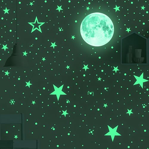 ADOFUN 夜光シール 光るステッカー 蓄光星+月【4ページ/約435点セット】光るウォールステッカー 光るシール 夜光シール 蓄光シール 蛍光 星 光る きらきら星 夜光ステッカー 雰囲気たっぷりの部屋 光るシール窓ステッカー 星空 きらきら 部屋飾り雰囲気満点 部屋におしゃれ 天丼 部屋 装飾品 子供部屋用(緑) [5]