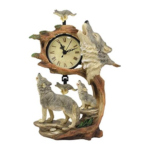 Ebros Moon Dancers Howling Gray Wolves Family Table Clock with Pendulum Alpha Wolf and Cub by Tree Forest Habitat Desktop Clocks Figurine
