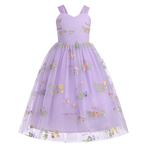 Floral Embroidered Tulle Dress Girls Sleeveless Spaghetti Straps Formal Birthday Wedding Pageant Party Tulle Dresses