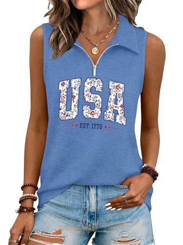 ELDPS USA Tank Tops Women 4th of July Sleeveless Patriotic T-Shirt American Flag Graphic Summer Tops with Zipper