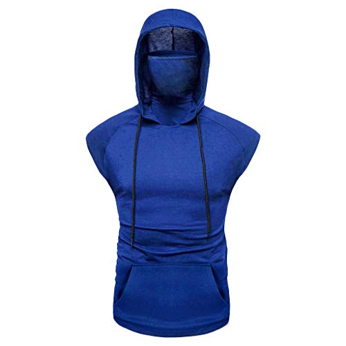 XUETON Mens Sleeveless Hoodie Tanks with Mask Slim Fit Bodybuilding Training Gym Sweatshirt Tops Blouse Dark Blue