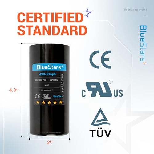 430-516 uf/MFD 220-250 VAC ±20% Volts Round Start Capacitor 50/60 Hz AC Electric Replacement Part by Blue Stars - Exact Fit for Single-Phase Electric Motors