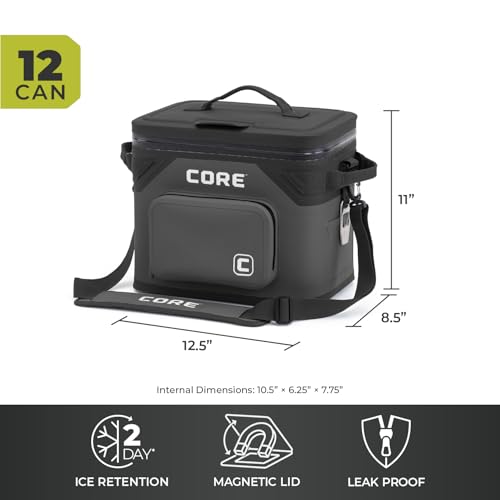 Image of CORE Magnetic Leak Proof Soft Cooler with Waterproof Zipper | Insulated Bag Portable Ice Chest Box | Best Soft Cooler for Food & Beverages for Tailgating, Car Camping, Travel, and Family Beach Picnics