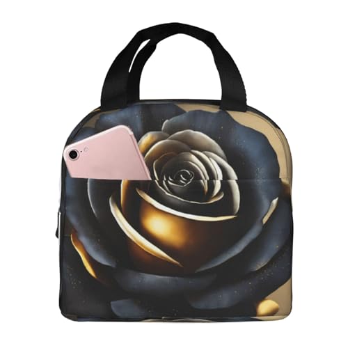 Wangxyozdp Bolsa de almuerzo aislada con estampado de flores negras y doradas para mujeres y hombres, bolsa de almuerzo con bolsillo frontal