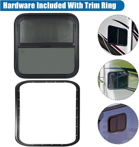 Image of Vertical RV Window, 18 inch W x 18 inch H Tinted Sliding RV Window with Net Screen and Trim Ring, Suitable for 1-1 /8 inch Thick Walls, DOT Approved