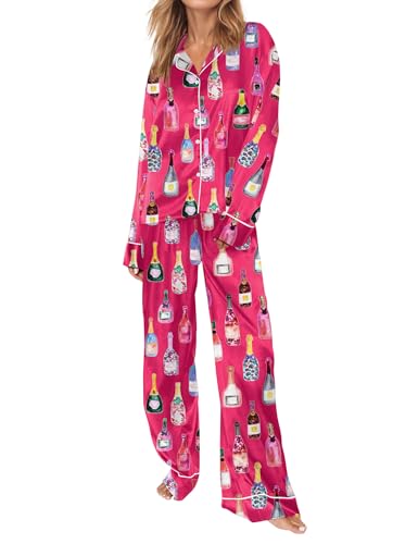Image of SHESHOW Satin Pajamas for Women Set Long Sleeve Button Down Sleepwear 2 Piece Nightwear Women Pjs Sets Size XS-XXL
