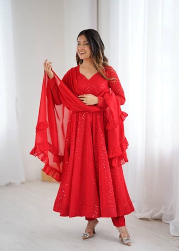 Image of Women's Heavy Faux Georgette Embroidery Work Anarkali and Set Beautiful Dupatta Traditional for Women Any Occasion Lehenga choli