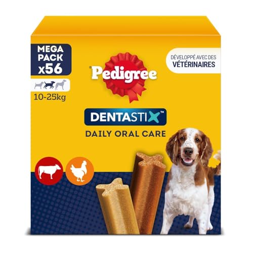 Pedigree DENTASTIX 56 Bâtonnets à Mâcher pour Moyen Chien 10-25kg, 8 Sachets de 7, Saveur Poulet et Bœuf, Détartrage Dentaire Chien, Soins Dentaires pour Chien