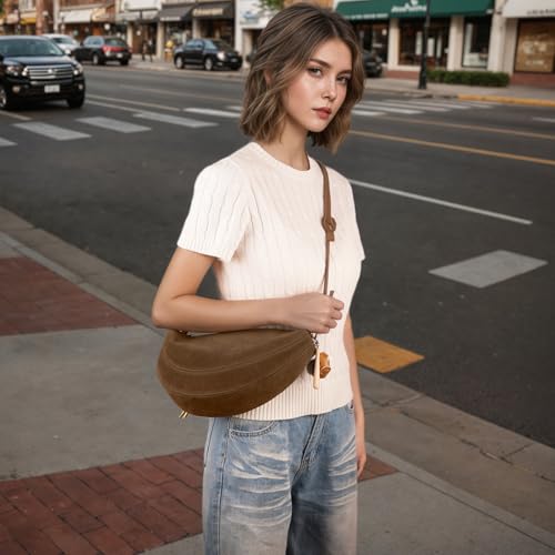 Image of Small Suede Dumpling Crossbody Bag for Women, Hobo Shoulder Purse with Cute Baseball Charms & Adjustable Strap