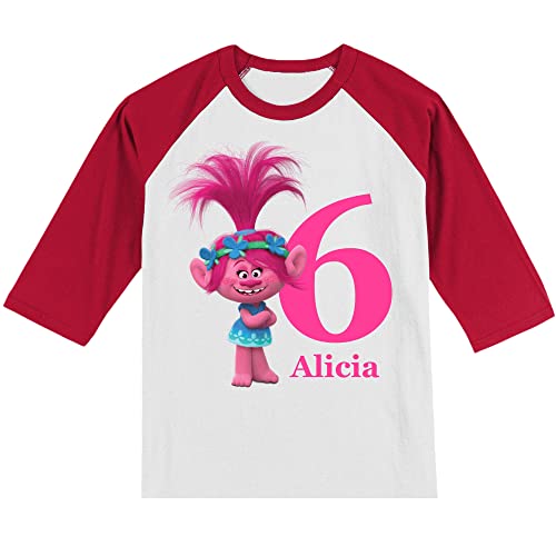 Personalized Troll Birthday Shirt for Girls | Handmade Decorated Shirt | Personalized with Name and Age | Unisex 3/4 Sleeve Raglan T-Shirt | #11482