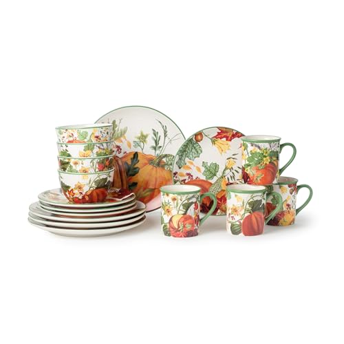 Harvest Fields 16-Piece Ceramic Dinnerware Set, Service for 4 Rustic Farmhouse Plates, Mugs & Bowls for Cozy Dining & Entertaining