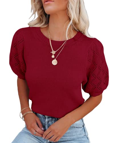 Image of Womens Short Sleeve Sweaters Crewneck Knit Pullover Tops 2025 Summer Casual Lightweight Crochet Blouse Shirt