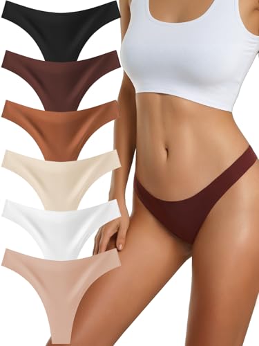 Seamless Thongs for Women, No Show Sexy Womens Underwear Stretch Breathable Comfortable Ladies Panties 6 Pack