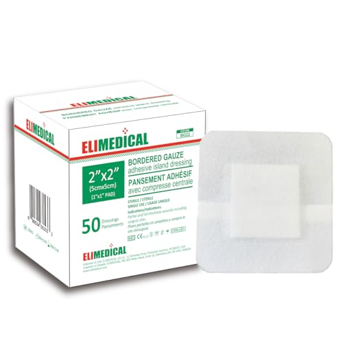 ELIMEDICAL Pansement Adhésif Stérile à Bordure de Gaze – Compresses de Gaze, Tampon pour Soin de Plaie avec Bordure Adhésive – Stérile, Doux & Hautement Absorbant (2x2(5x5cm))