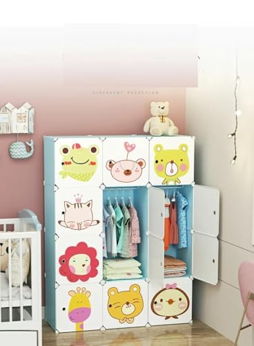 Image of Kids Plastic Modular Wardrobe Storage Cabinet | DIY Clothes Organizer Closet for Children | Multi-Compartment Foldable Storage Cupboard with Hanging Space | Pink Cartoon Design