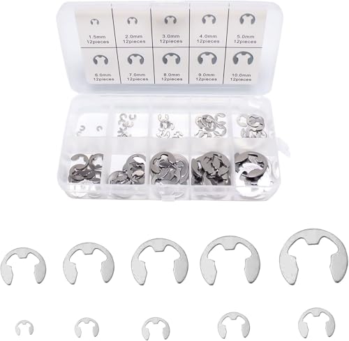 Coffret 120 Circlips E-Clip En Acier Inoxydable, M1.5 à M10 Ensemble D'anneaux De Retenue Set, Circlips E Clip Externes Antirouille Avec Boîte De Rangement...