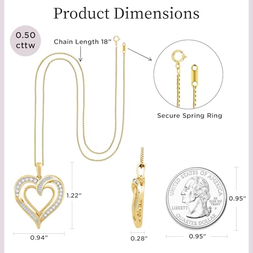 Jewelili Heart Pendant Necklace for Women | Fine Jewelry with Natural White Round & Baguette Diamonds 1/4 or 1/2 CTW | Sterling Silver or Yellow / Rose Gold Plated | 18" Box Chain | Birthday Gift for Her4