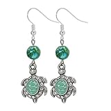 Aqua Blue Rhinestone Sea Turtle Earrings, Handmade Silver Tone Jewelry, Womens Dangle Earring Set