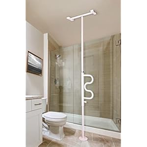 Stander Security Pole and Curve Grab Bar, Elderly Tension Mounted Floor to Ceiling Transfer Pole, Bathroom Safety Assist and Stability Rail, Iceberg White