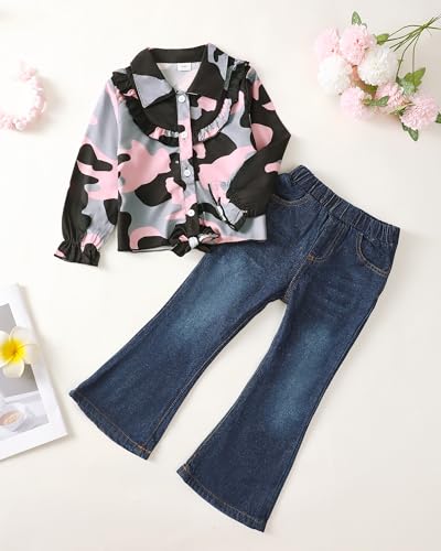 Image of Renotemy Kids Little Toddler Girl Clothes Button Down Tie Front Shirt + Bell Bottoms Jeans Girls 2 Piece Outfits Clothing Set
