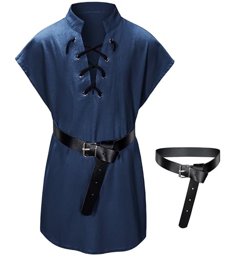 Kids Medieval Viking Tunic Pirate Renaissance Retro Costume Shirt witn Belt for Boys Halloween Cosplay 4-5T Light Blue