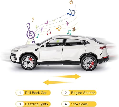 Image of Toy Cars for Boys Lambo Urus Car Toys for 3 4 5 6 7 8 Year Old Boy Metal Cars for Kids Diecast Model Cars with Light and Sound Birthday Gifts (White)