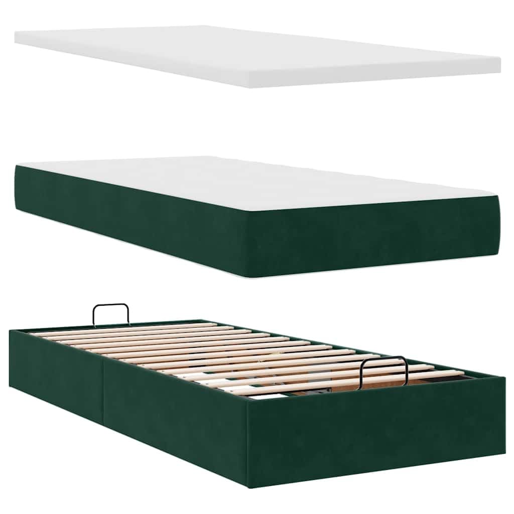 Cama otomana con colchones, verde oscuro 200 x 200 cm terciopelo, espacio de almacenamiento hidráulico, colchón de muelles ensacados, material suave, experiencia de sueño cómoda