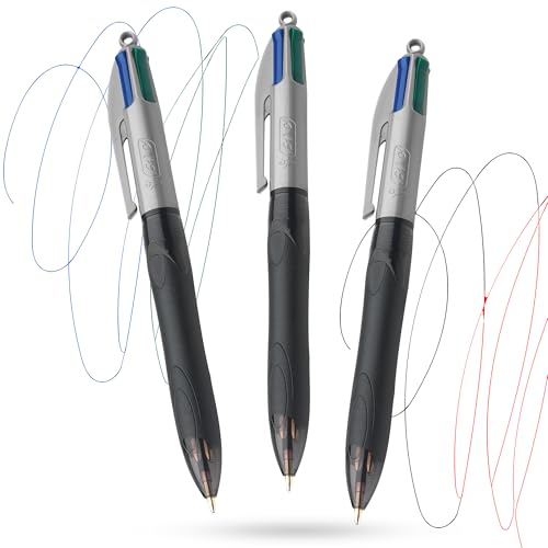 BIC 4 Colour Grip Pro Pen - Bolígrafo de plástico de 1,0 mm, cuatro colores de tinta en un bolígrafo de escritura suave, 4 en un bolígrafo con clip y agujero para cordón para estudiantes y
