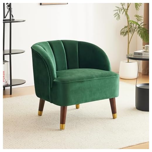 Upholstered Barrel Accent Chair with Wooden Legs, Velvet Upholstery, Curved Tufted Back, Square Arms, Mid-Century Modern Lounge Chair for Living Room & Office, Emerald, 28.25W x 28D x 28H in