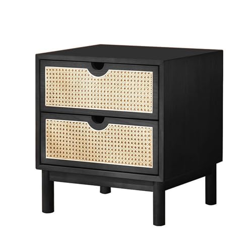 KCCRHIN Mesita De Noche Bohemia De Ratán con 2 Cajones, Velador Rústica De Madera Maciza, Mesita Auxiliar, Cómoda De Noche, Pequeño Mueble De Almacenamiento para Salón O Dormitorio,Negro,B