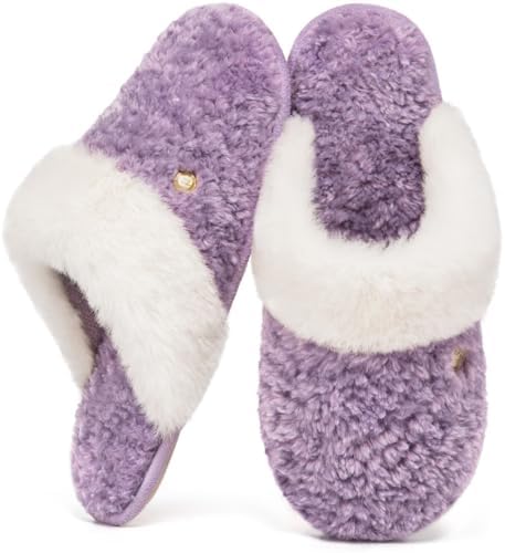 HomeTop Women’s Mule Slippers Faux Alpaca Warm Soft Cozy Indoor Outdoor House Shoes with Fuzzy Collar