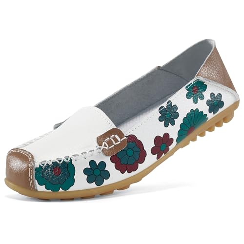 Ablanczoom Womens Loafers Flats Shoes: Women Comfortable Soft Floral Print Dress Loafer Casual Slip on Walking Driving Shoe White