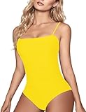 Buauty Women's One Piece Swimsuits Ruched Slimming Bathing Suits Square Neck Adjustable Spaghetti Straps Swimwear Yellow