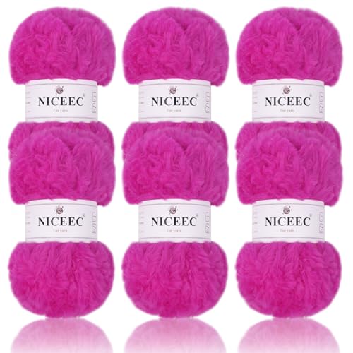 Image of NICEEC Faux Fur Yarn Super Soft, Chunky & Fluffy, Eyelash Yarn for Crochet & Knitting(Total Length 210yds /10.6oz) - Bright Pink /300g