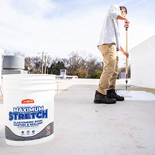 Image of Ames Maximum Stretch - Waterproof Sealant Membrane - Perfect For Roofing, Repairs, Concrete, EPDM & Wood - Liquid Rubber Sealer - Up To 650% Elastic - Made in USA, White, 4.6 Gallon (Pack of 1)